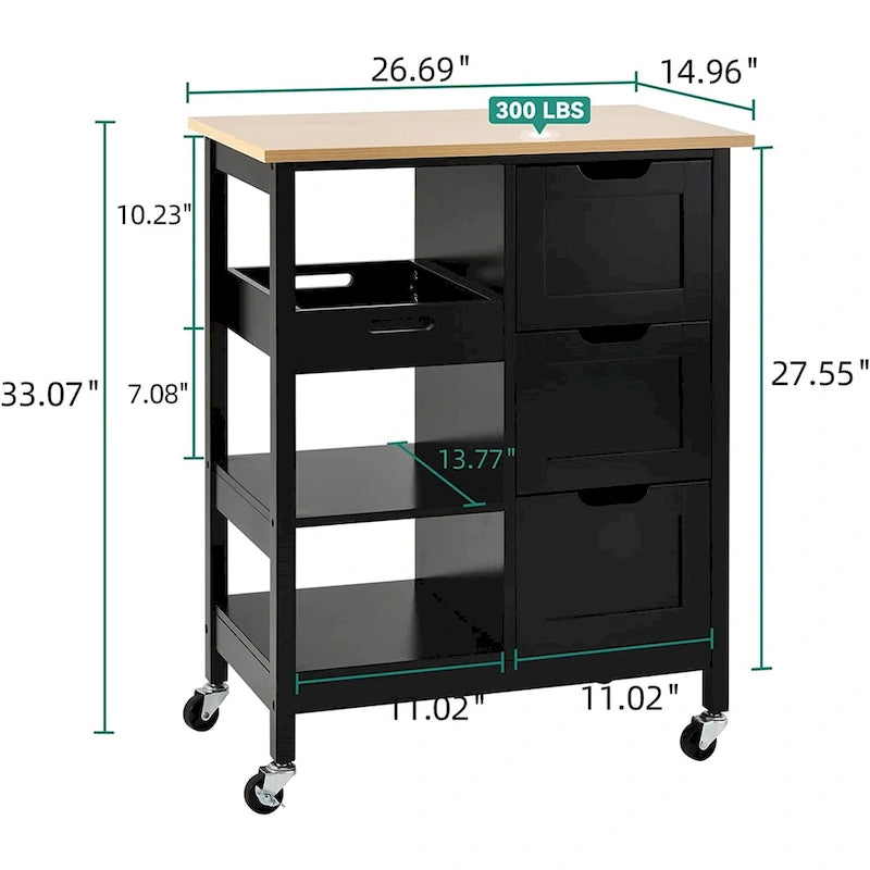 Kleio Solid Wood Top Kitchen Island Storage Cart with 3 Drawers Rolling Serving Trolley Cart 14