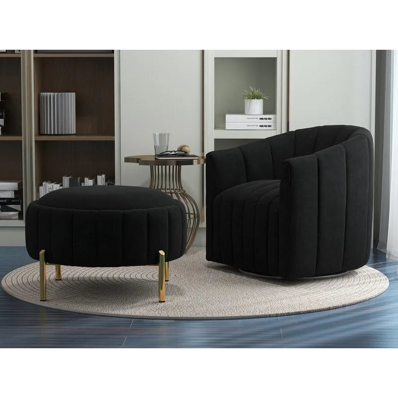 SEYNAR Contemporary Tufted Velvet Swivel Club Chair with Ottoman Set 36