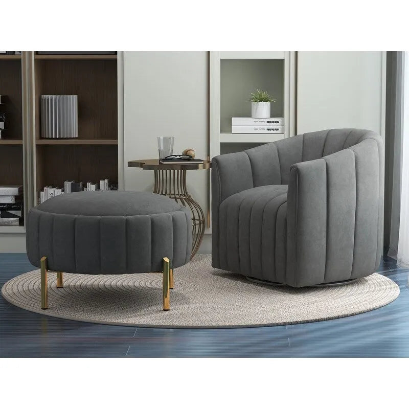 SEYNAR Contemporary Tufted Velvet Swivel Club Chair with Ottoman Set 3