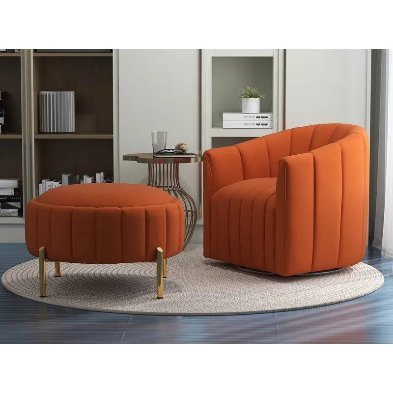 SEYNAR Contemporary Tufted Velvet Swivel Club Chair with Ottoman Set 4