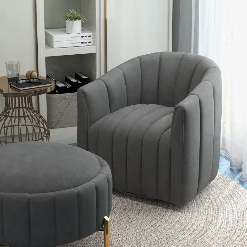 SEYNAR Contemporary Tufted Velvet Swivel Club Chair with Ottoman Set 5
