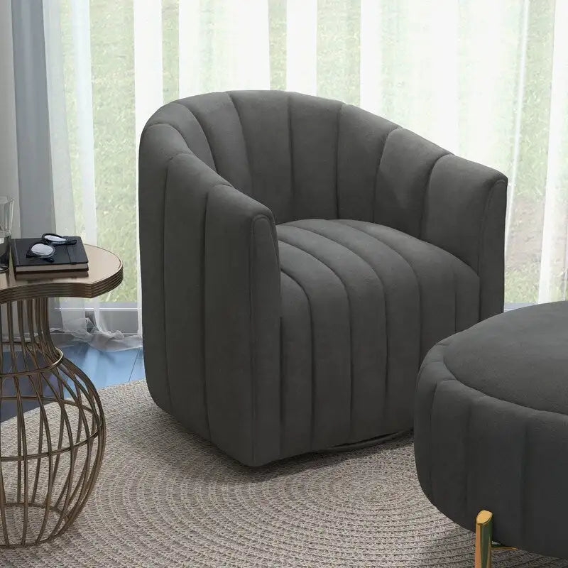 SEYNAR Contemporary Tufted Velvet Swivel Club Chair with Ottoman Set 6