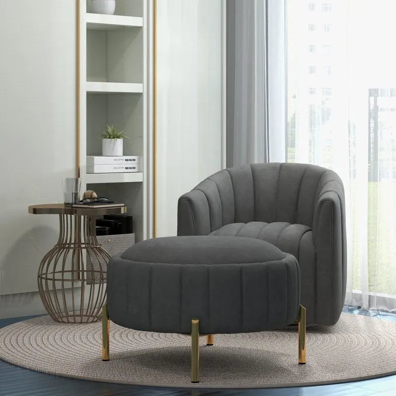 SEYNAR Contemporary Tufted Velvet Swivel Club Chair with Ottoman Set 7