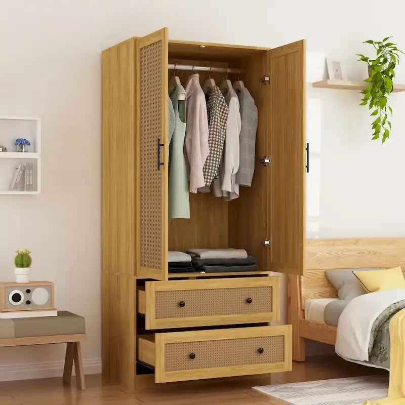 Wood Wardrobe Closet with Hanging Rod and Drawers - Storage Organizer 2