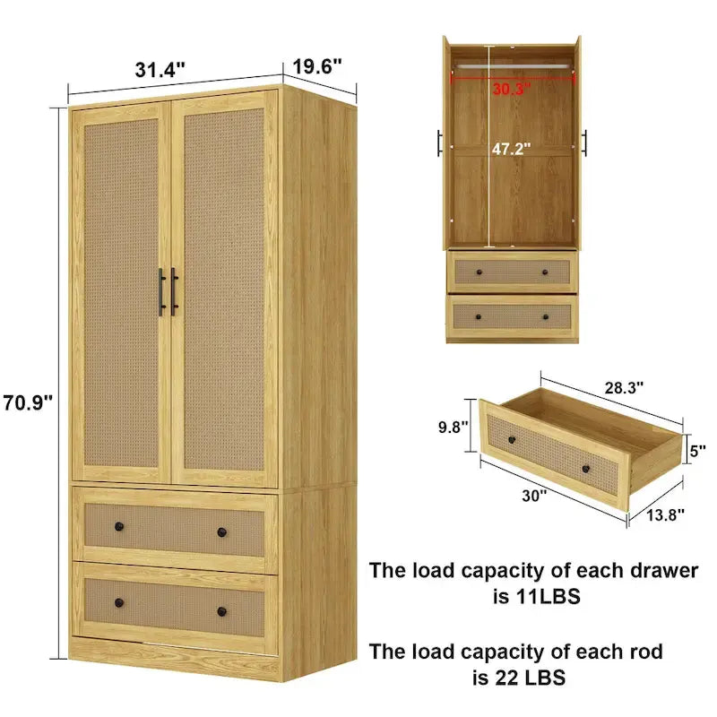 Wood Wardrobe Closet with Hanging Rod and Drawers - Storage Organizer 3