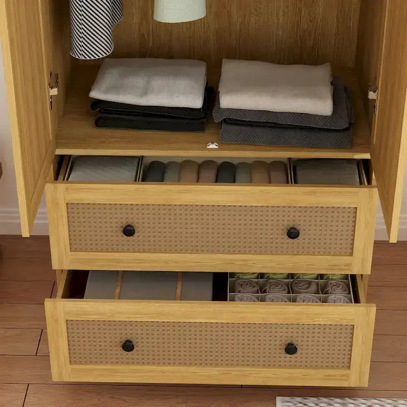 Wood Wardrobe Closet with Hanging Rod and Drawers - Storage Organizer 11