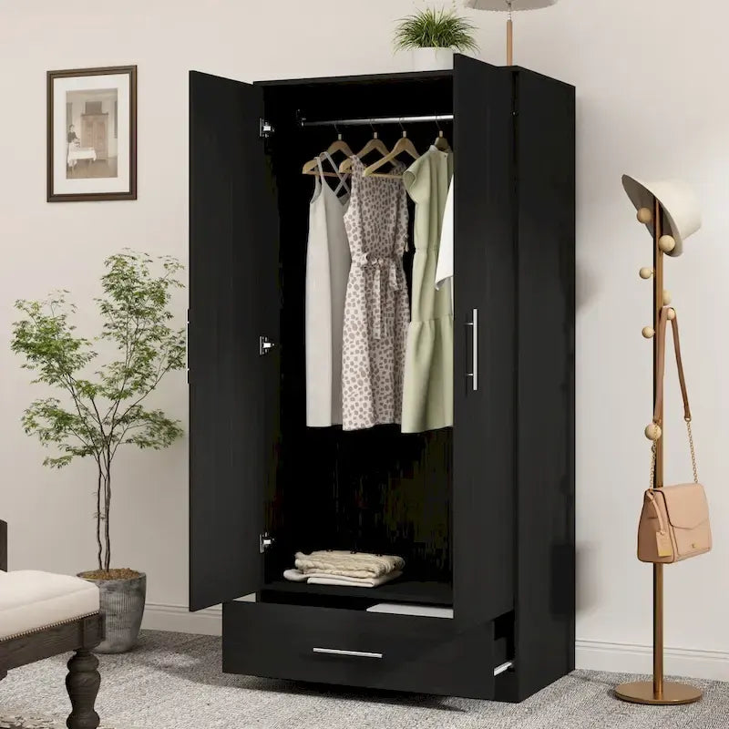 31.5W x 66.9H Wardrobe Armoire Cloest with Drawer In Black,White 16