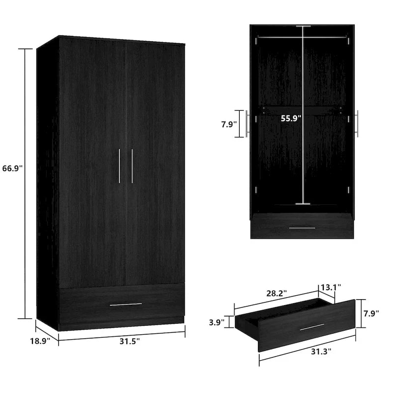 31.5W x 66.9H Wardrobe Armoire Cloest with Drawer In Black,White 22