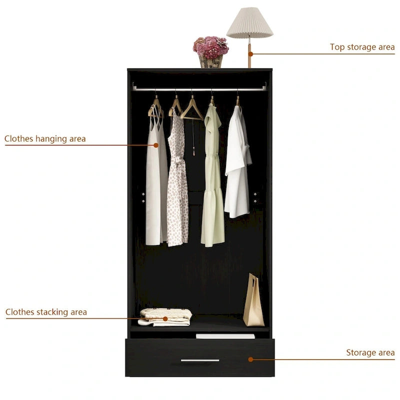 31.5W x 66.9H Wardrobe Armoire Cloest with Drawer In Black,White 27