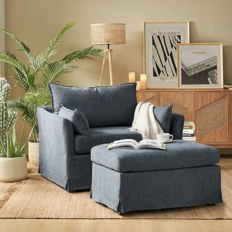 Sophie Modern Oversized Slipcovered Armchair and Ottoman with Lockable Rear Wheels by HULALA HOME 31