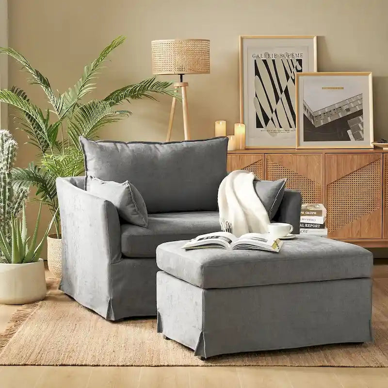 Sophie Modern Oversized Slipcovered Armchair and Ottoman with Lockable Rear Wheels by HULALA HOME 33