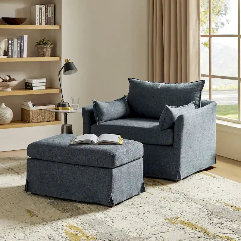 Sophie Modern Oversized Slipcovered Armchair and Ottoman with Lockable Rear Wheels by HULALA HOME 3