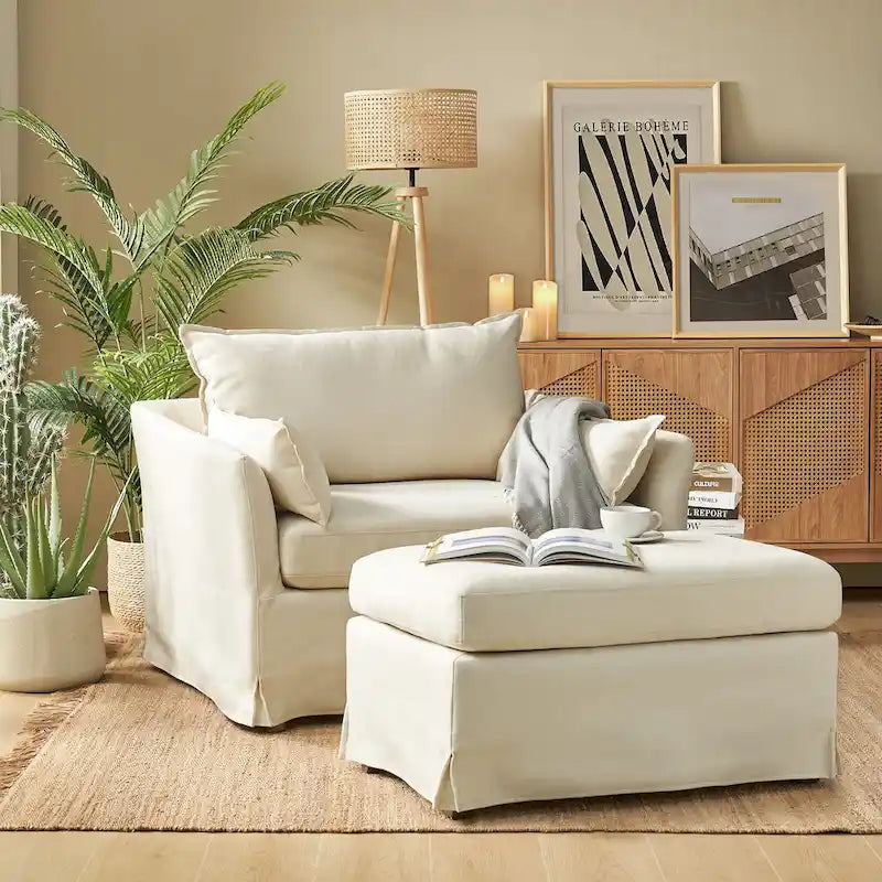 Sophie Modern Oversized Slipcovered Armchair and Ottoman with Lockable Rear Wheels by HULALA HOME 13