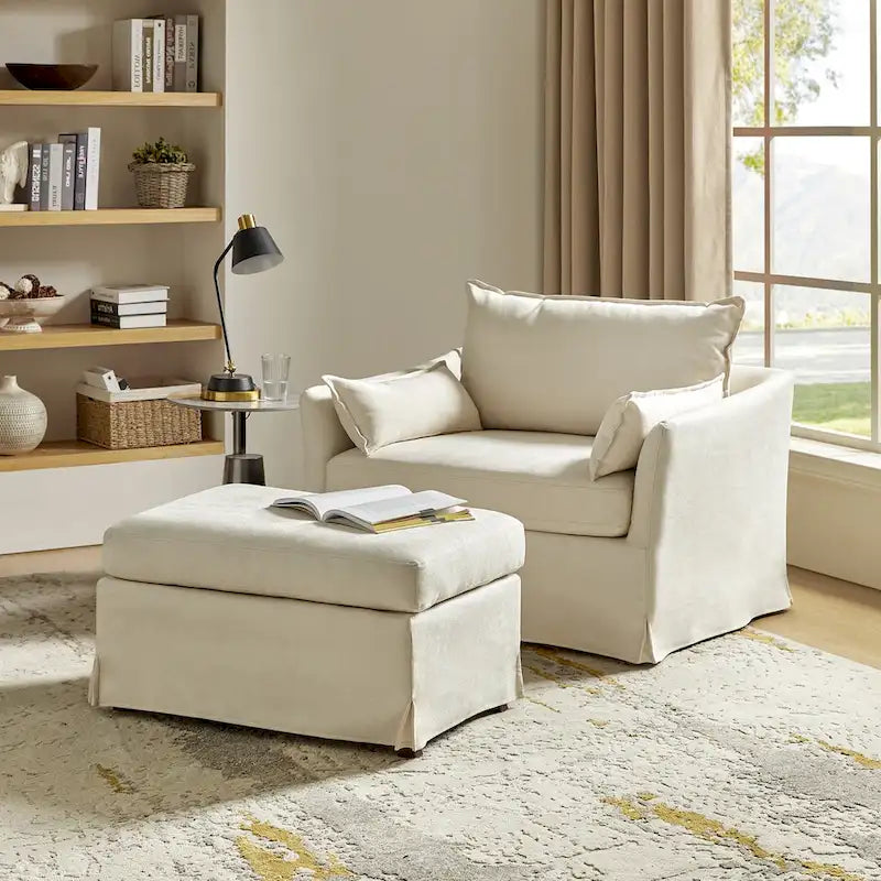 Sophie Modern Oversized Slipcovered Armchair and Ottoman with Lockable Rear Wheels by HULALA HOME 16