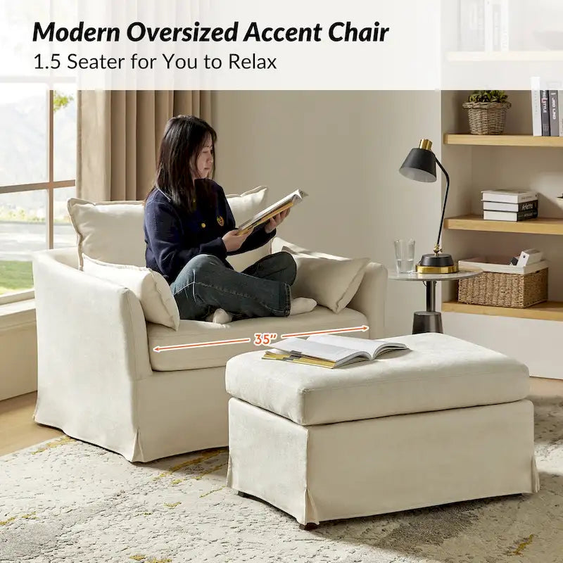 Sophie Modern Oversized Slipcovered Armchair and Ottoman with Lockable Rear Wheels by HULALA HOME 17