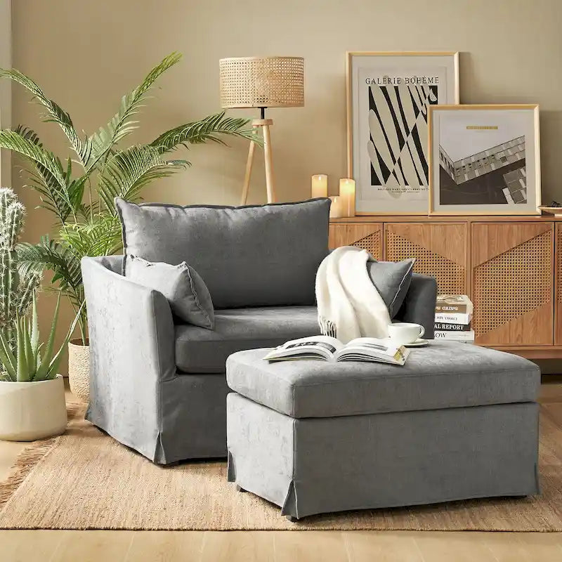 Sophie Modern Oversized Slipcovered Armchair and Ottoman with Lockable Rear Wheels by HULALA HOME 22