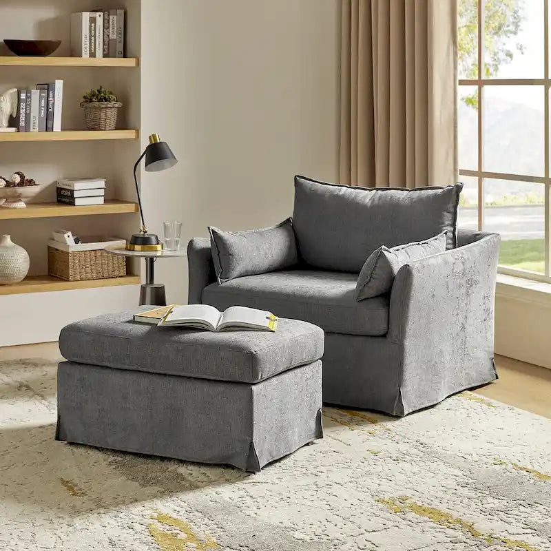 Sophie Modern Oversized Slipcovered Armchair and Ottoman with Lockable Rear Wheels by HULALA HOME 24