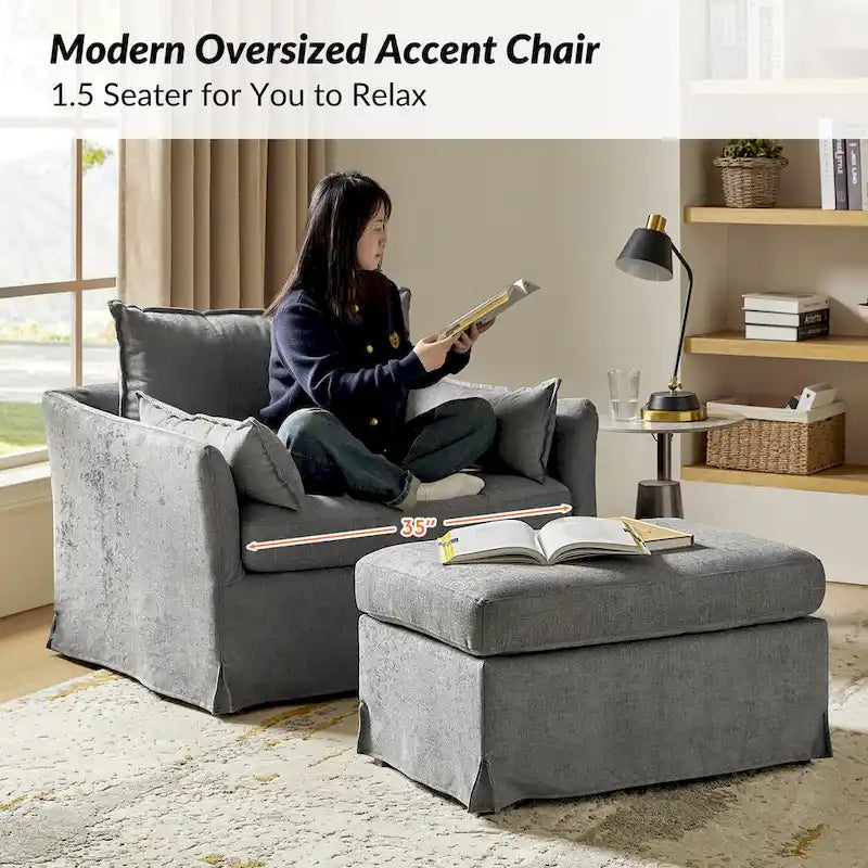 Sophie Modern Oversized Slipcovered Armchair and Ottoman with Lockable Rear Wheels by HULALA HOME 25