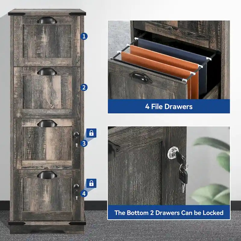 Moasis 4 Drawer Rustic Wood Vertical File Cabinet with Lock Storage Cabinet 2