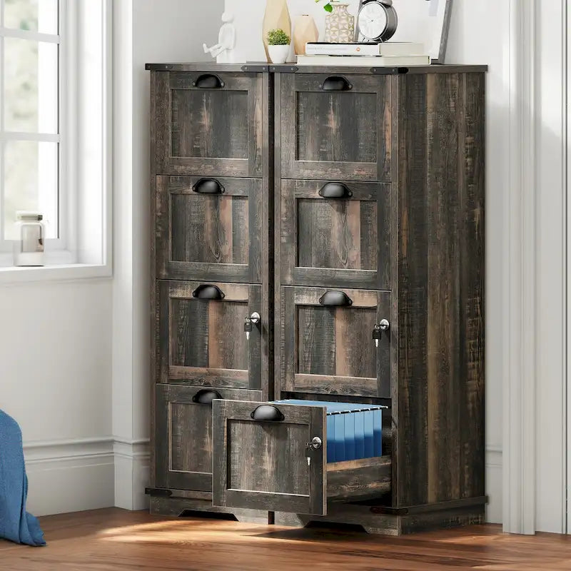 Moasis 4 Drawer Rustic Wood Vertical File Cabinet with Lock Storage Cabinet 4