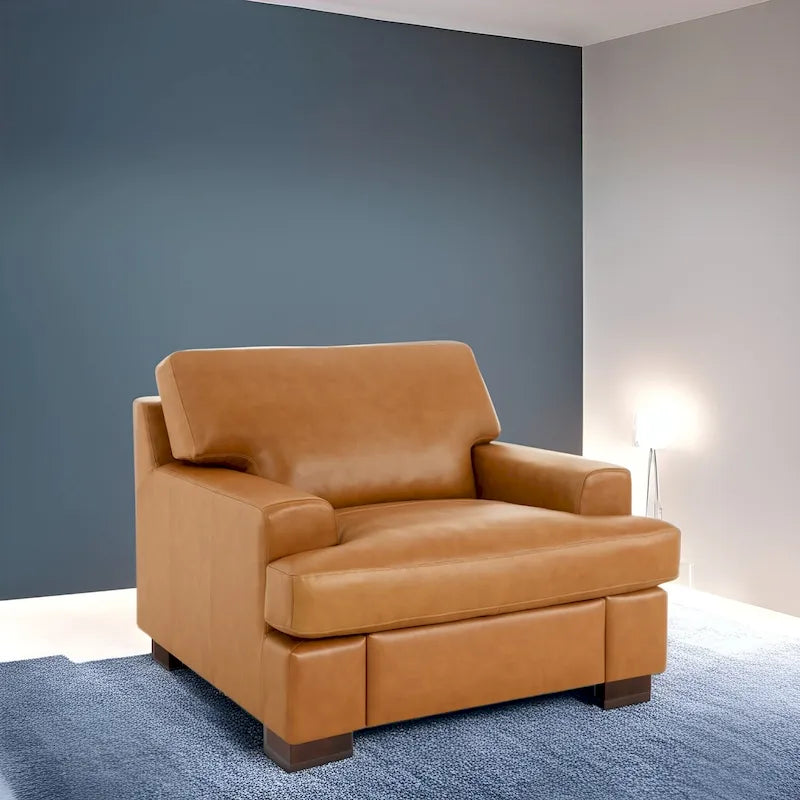 Genuine Leather Accent Chair - Luxurious Comfort Goose Feather Cushion Filling Square Arm Design Sturdy Block Legs 10