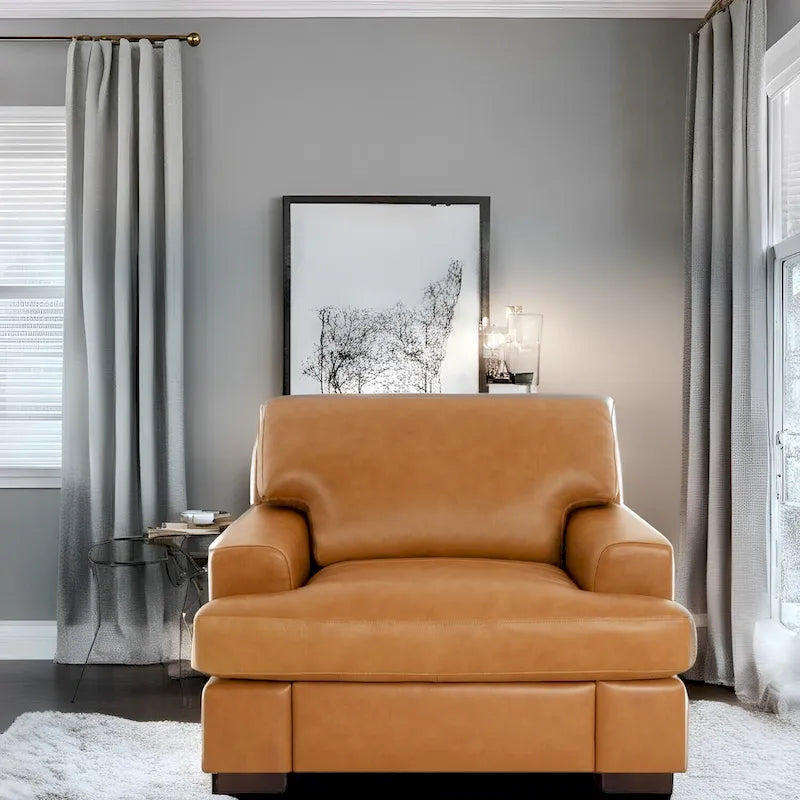 Genuine Leather Accent Chair - Luxurious Comfort Goose Feather Cushion Filling Square Arm Design Sturdy Block Legs 2