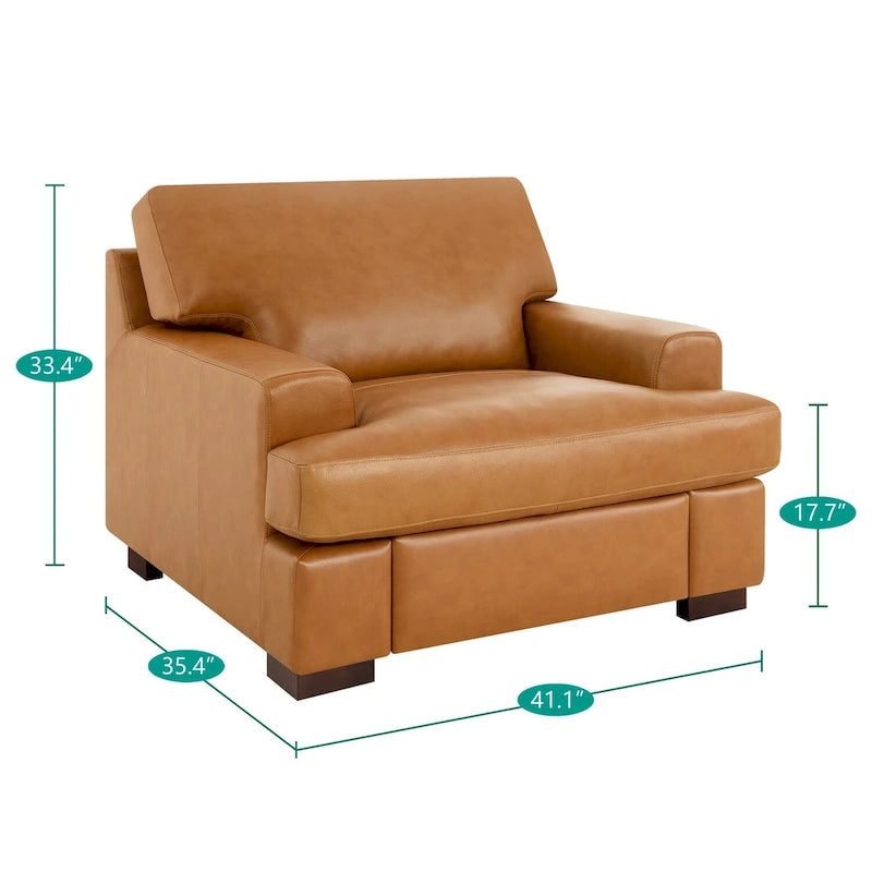 Genuine Leather Accent Chair - Luxurious Comfort Goose Feather Cushion Filling Square Arm Design Sturdy Block Legs 3