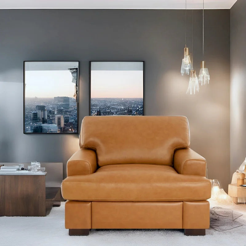 Genuine Leather Accent Chair - Luxurious Comfort Goose Feather Cushion Filling Square Arm Design Sturdy Block Legs 4