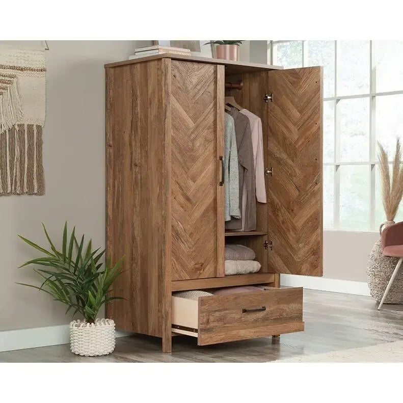 FarmHouse Rustic Herringbone 1 Drawer Garment Rod Wardrobe Armoire - 22.5 inches L x 32.3 inches W x 59.3 inches H