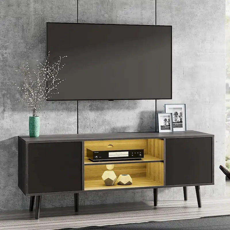 WAMPAT Mid Century Modern TV Stand 61.6 inch Black & Grey 19