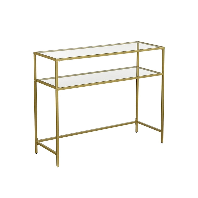Golden Tempered Glass Top Consol Table with Metal Frame and 2 Shelves - 39.4L x 13.8W x 31.5H 8