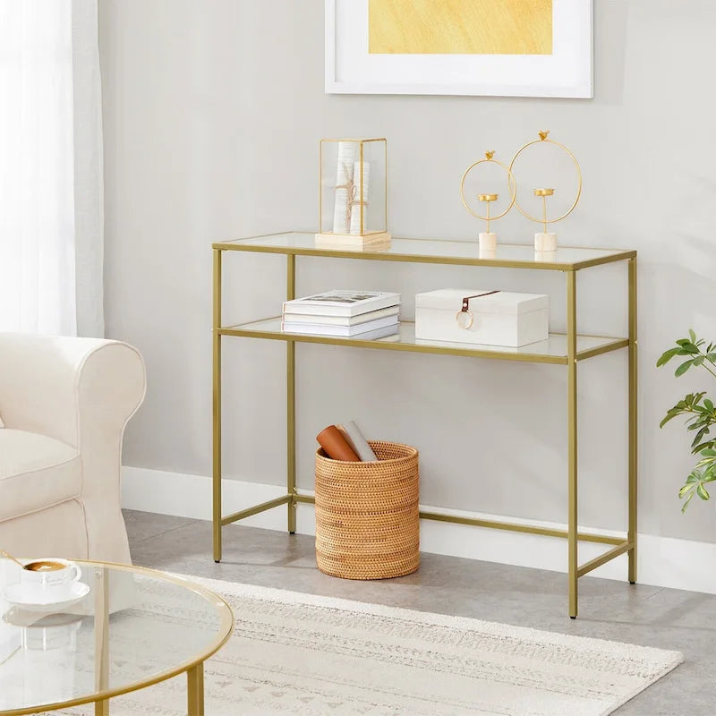 Golden Tempered Glass Top Consol Table with Metal Frame and 2 Shelves - 39.4L x 13.8W x 31.5H 2