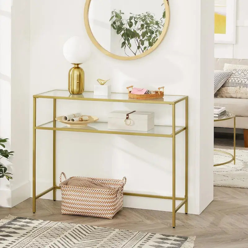 Golden Tempered Glass Top Consol Table with Metal Frame and 2 Shelves - 39.4L x 13.8W x 31.5H 3