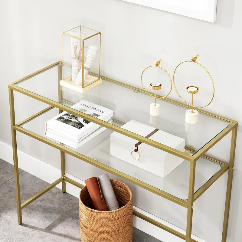 Golden Tempered Glass Top Consol Table with Metal Frame and 2 Shelves - 39.4L x 13.8W x 31.5H 4