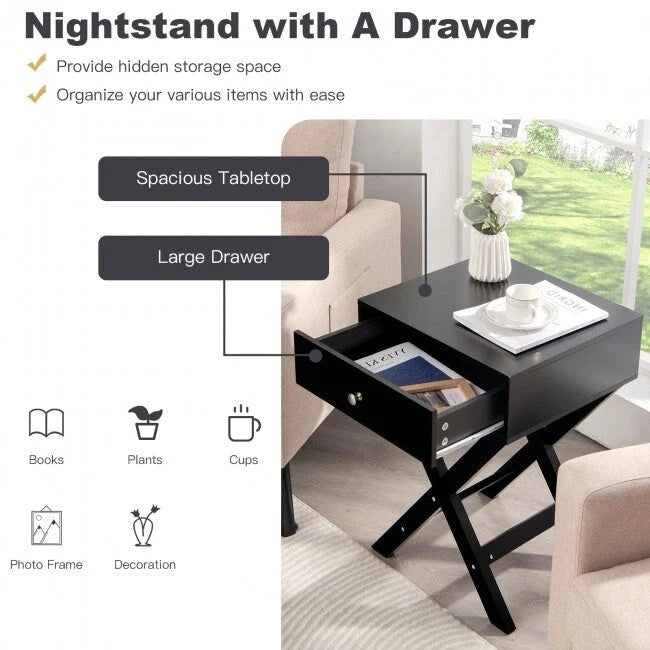 X Shaped Structure Side Nightstand with Drawer 10
