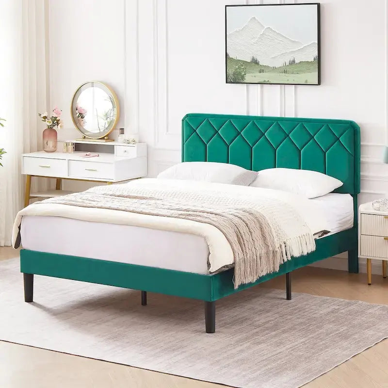 VECELO Upholstered Bed Frame with Adjustable Height Headboard, Twin/Full/Queen Size Beds, Dark Green