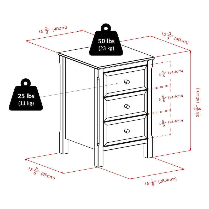 Black Wooden Nightstand Accent Table with 3 Spacious Storage Drawers - 15.75L x 15.75W x 23.63H 14