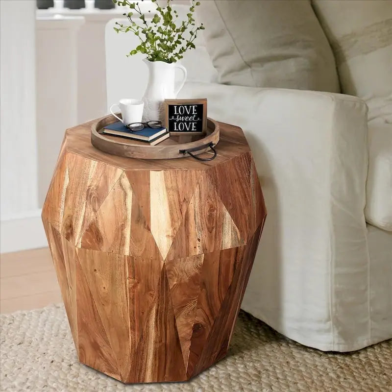 21.5 Inch Faceted Handcrafted Mango Wood Side End Table with Octagonal Top, Natural Brown - 16L x 16W x 21.5H 3