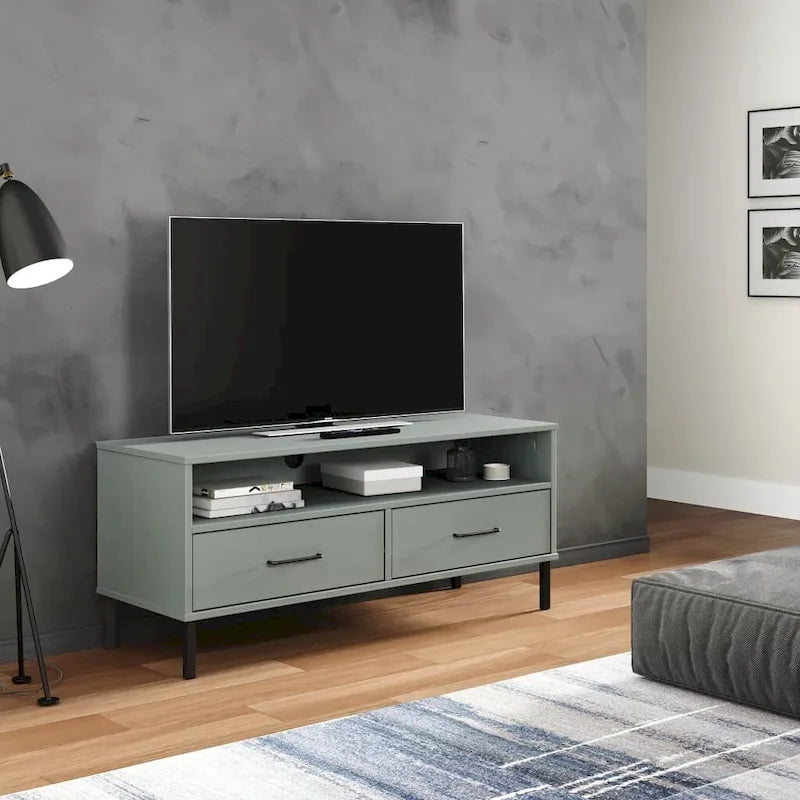 vidaXL TV Stand TV Console TV Console with Metal Legs Solid Wood Pine OSLO - 41.7 x 15.7 x 18.3 19