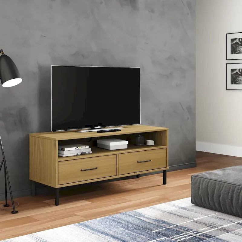 vidaXL TV Stand TV Console TV Console with Metal Legs Solid Wood Pine OSLO - 41.7 x 15.7 x 18.3 20