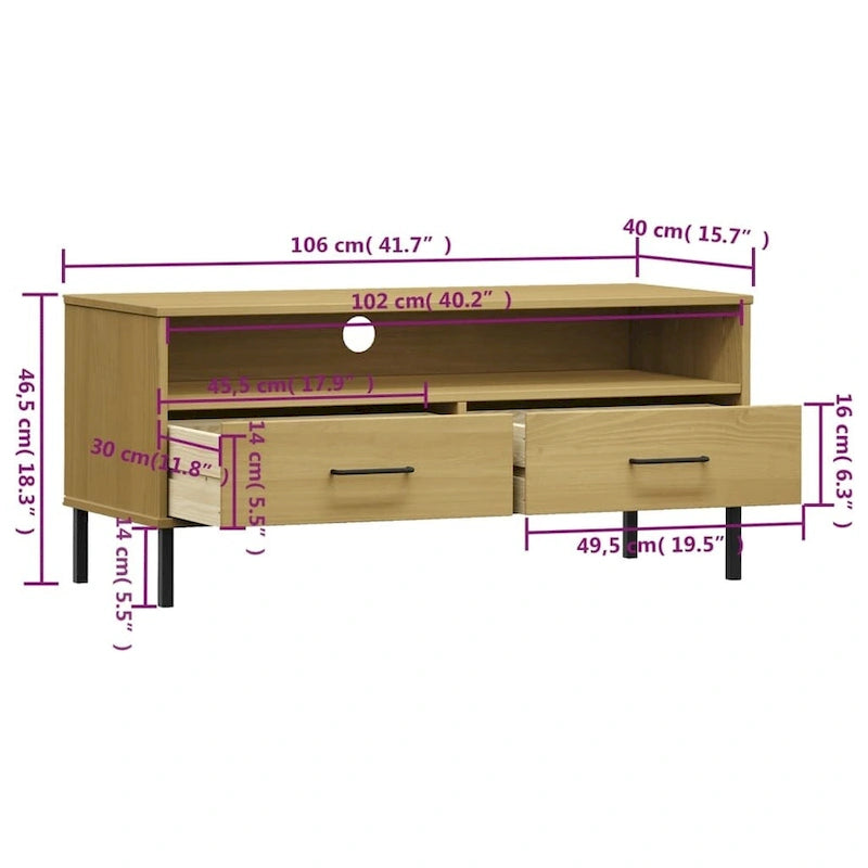 vidaXL TV Stand TV Console TV Console with Metal Legs Solid Wood Pine OSLO - 41.7 x 15.7 x 18.3 12