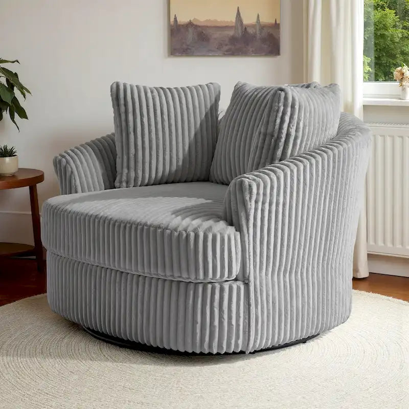 Oversized 43 W Plush Corduroy Recessed Arm Swivel Barrel Chair 37