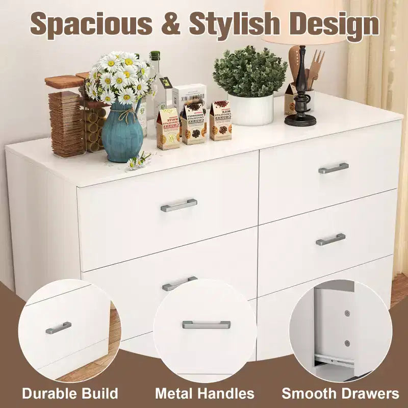 6-Drawer Double Dresser Modern Wood Storage Chest for Bedroom White 4