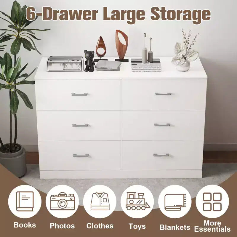 6-Drawer Double Dresser Modern Wood Storage Chest for Bedroom White 7