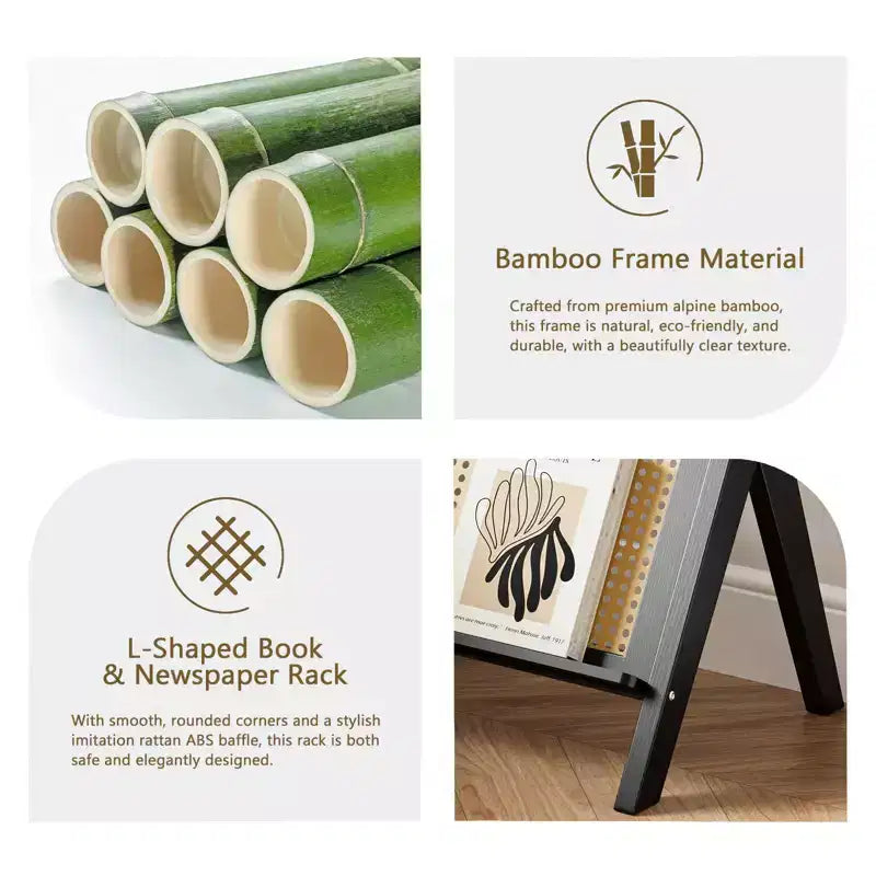 Tavolino finale in rattan con struttura in bambù, piano in vetro temperato, ripiano portaoggetti a forma di Z, naturale 6