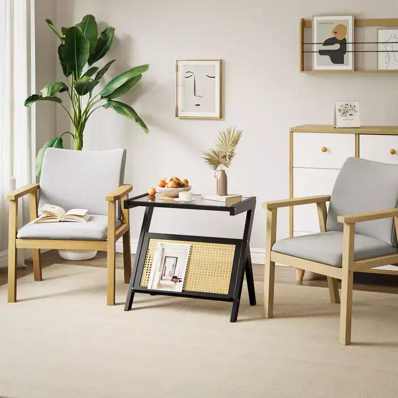 Tavolino finale in rattan con struttura in bambù, piano in vetro temperato, ripiano portaoggetti a forma di Z, naturale 7