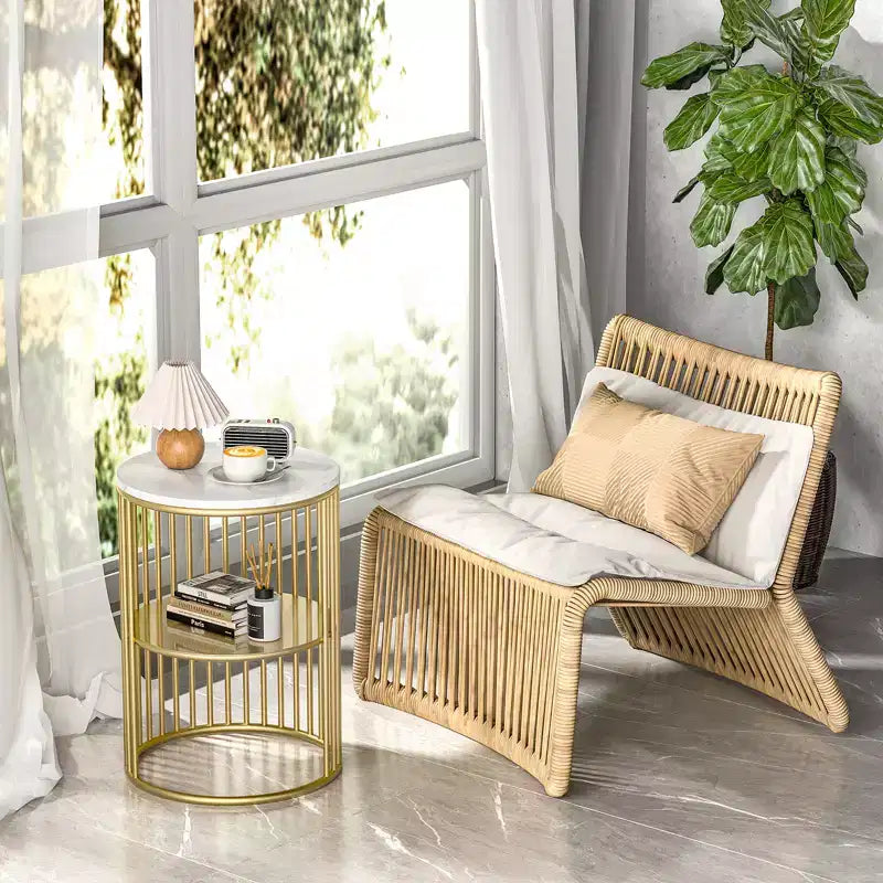 Tavolino finale in rattan con struttura in bambù, piano in vetro temperato, ripiano portaoggetti a forma di Z, naturale 9