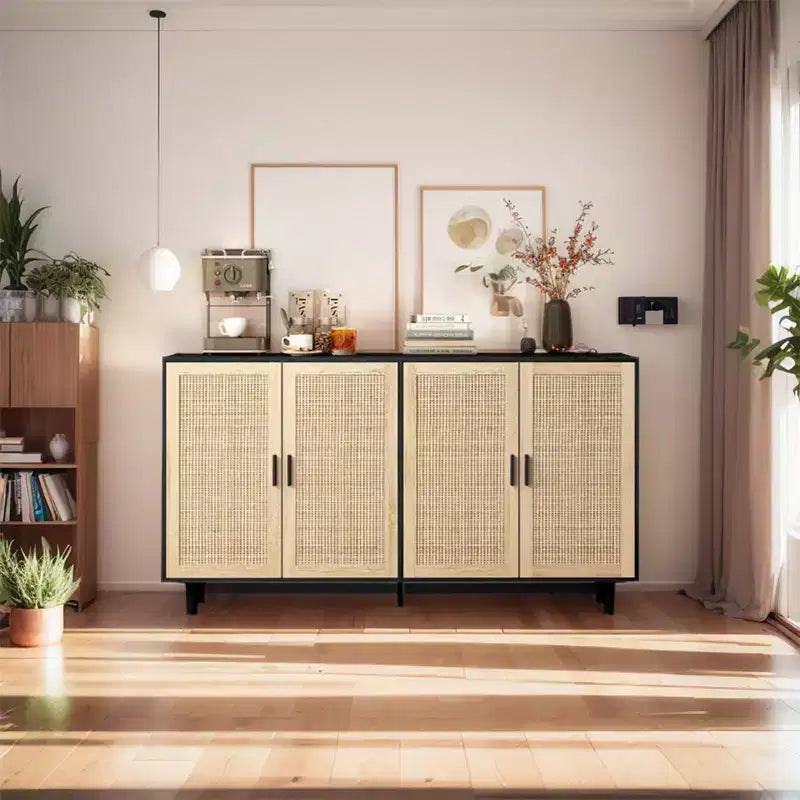 62.20Rattan Storage Cabinet, Modern Wooden Buffet Cabinet With 4 Doors Adjustable Shelves, Accent Sideboard Storage Cabinet For Living Room Hallway