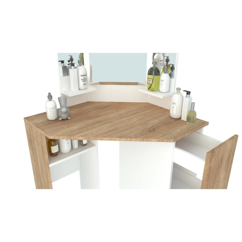 Pearl Corner Storage Makeup Vanity with LED Lights