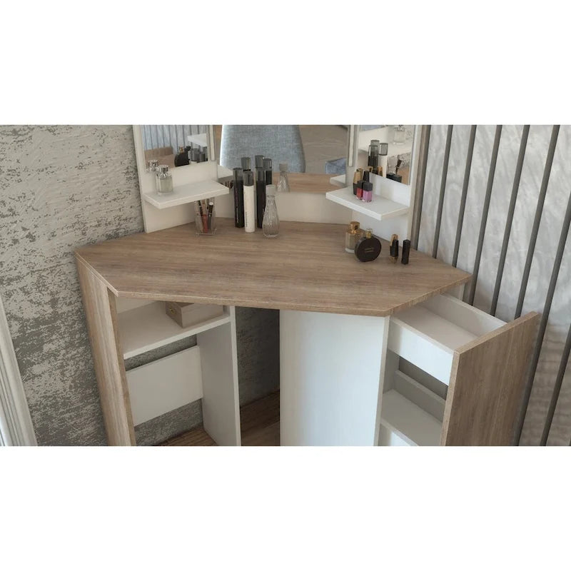 Pearl Corner Storage Makeup Vanity with LED Lights 6